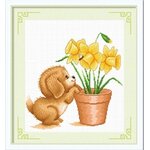 ชุดปักครอสติช ลายน้องหมาเกาะกระถางดอกไม้ ขนาด 47*37 ซม. ผ้าครอสติช 11CTพิมพ์ลายปักบนผ้า ไหมคอตตอน 17 สี ผังลาย เข็ม