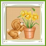 ชุดปักครอสติช ลายน้องหมากับเดฟโฟดิล (ผ้าสีเบจ) ขนาด 47*37 ซม.ผ้าครอสติช 11CTสีน้ำตาลอ่อน พิมพ์ลายปักบนผ้า ไหมคอตตอน 17 สี ผังลาย เข็ม