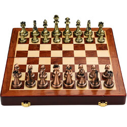 ชุดหมากรุกสากลไม้พับ (ตัวMetal สีgreen bronze & red bronze) Wooden Chess Set