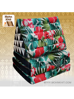 หมอนสามเหลี่ยมลายดอกชบา 15 ช่องติดเบาะ3 พับ 57cmx180cmx36cm Tri-angle Cotton kapok 100%Traditional Floor Cushions 15 holes with 3 part of mattress.