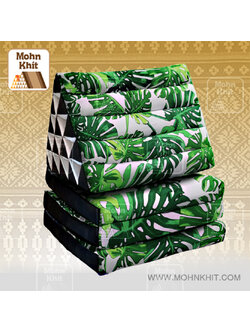 หมอนสามเหลี่ยมลายมอสเตอร่าเขียว 15 ช่องติดเบาะ3 พับ 57cmx180cmx38cm Triangle Cotton kapok 100%Traditional Floor Cushions 15 holes with 3 part of mattress.