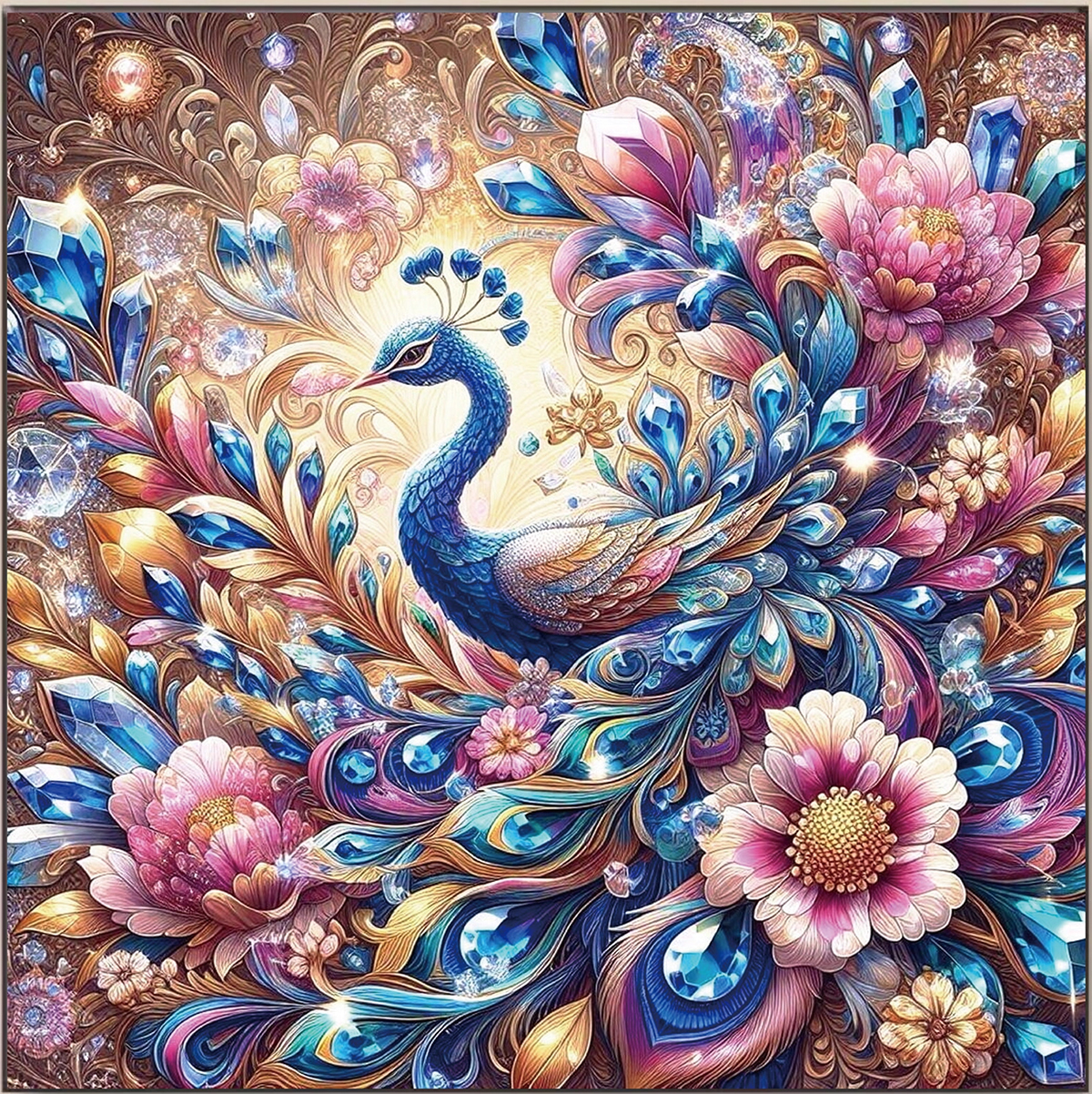 ชุดปักครอสติช ลายนกยูงคริสตัล (ปักเต็มผืนผ้า ไม่มีเดินเส้น ผ้า9CTพิมพ์ลาย ปัก 4 เส้นเล็ก) ขนาด 75*75 ซม.ผ้าครอสติช 9CTพิมพ์ลายปักบนผ้า ไหมคอตตอน 45 สี ผังลาย เข็ม