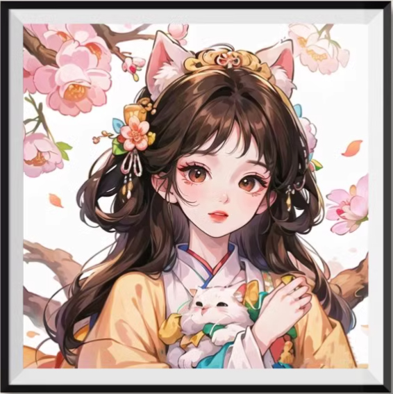 ชุดปักครอสติช ลายเจ้าหญิงแมวน้อย (งานปักเต็มลาย ไม่มีเดินเส้น ผ้าตาใหญ่ ปักครั้งละ 4 เส้นเล็ก) ขนาด 60*60 ซม.ผ้าครอสติช 9CT พิมพ์ลายปักบนผ้า ไหมคอตตอน 45 สี ผังลาย เข็ม