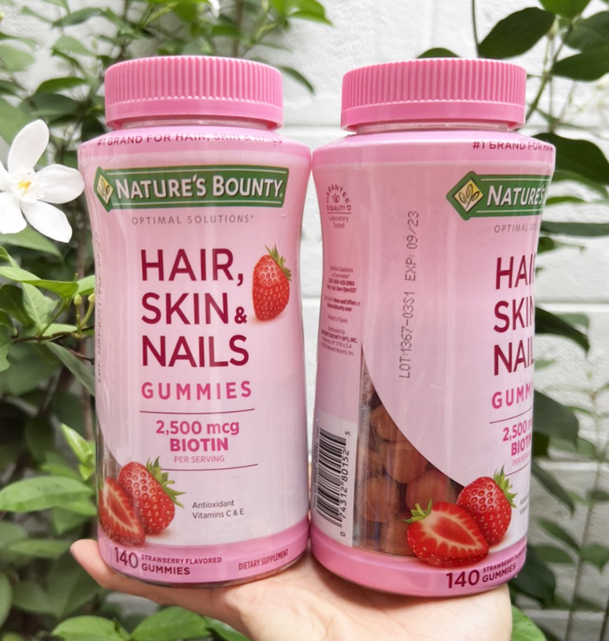 Nature's Bounty, Optimal Solutions, Hair, Skin & Nails Gummies, Strawberry Flavored, (140Gummies) เยลลี่บำรุงผิว ผม เล็บ