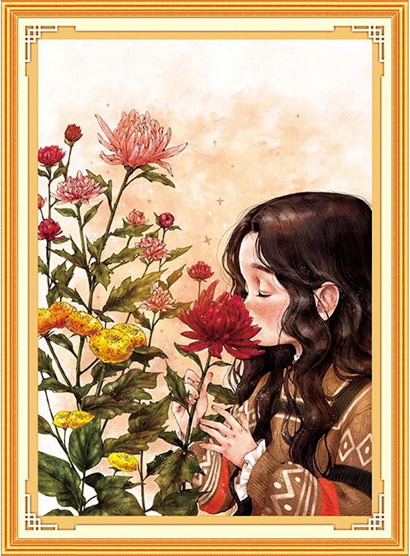ชุดปักครอสติช ลายสาวน้อยกับดอกไม้ (งานปักเต็มลาย ไม่มีเดินเส้น) ขนาด 53*72 ซม.ผ้าครอสติช 11CTพิมพ์ลายปักบนผ้า ไหมคอตตอน 37 สี ผังลาย เข็ม