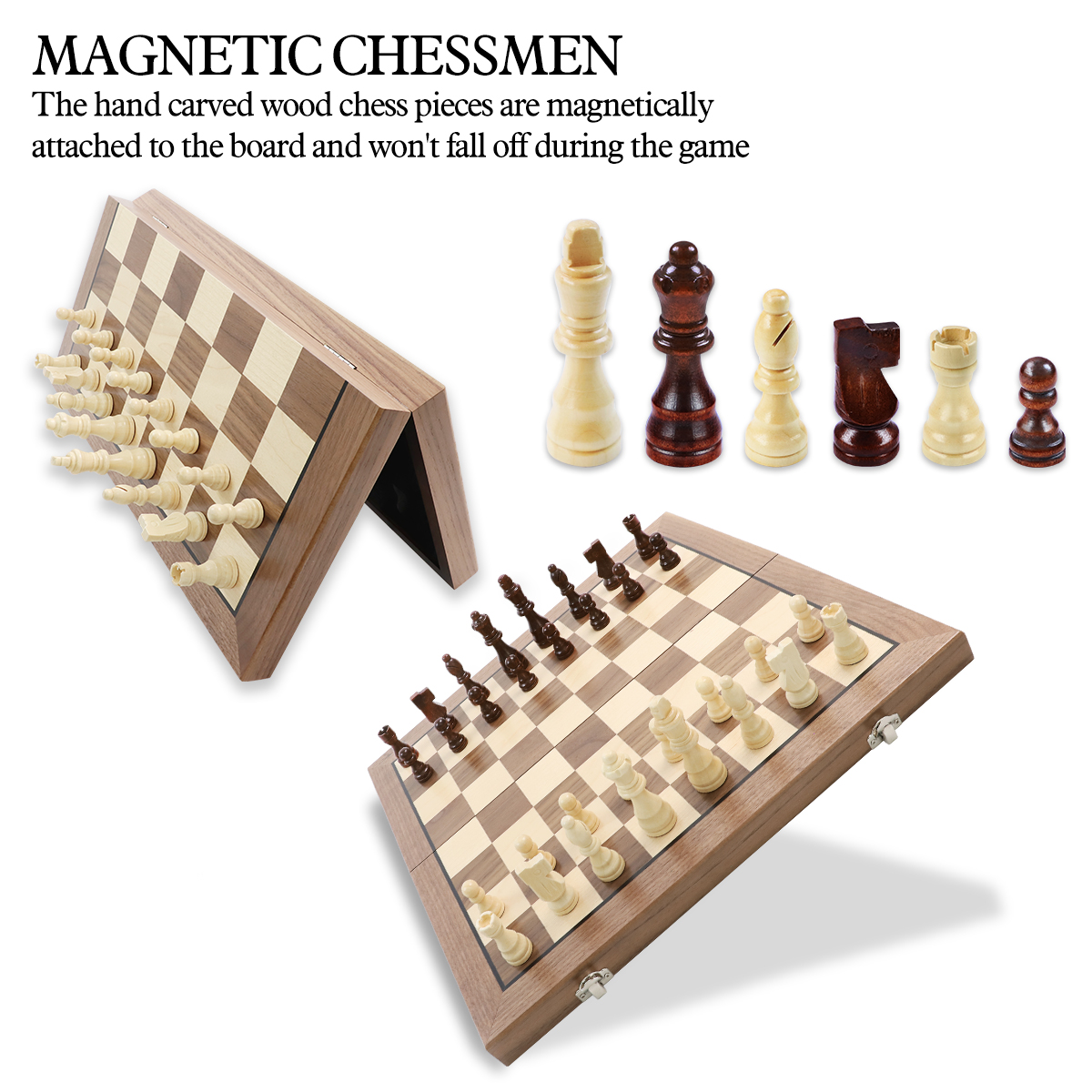 ชุดหมากรุกสากลไม้walnut+maple (แม่เหล็ก) Gold Knight Wooden Chess Set 5