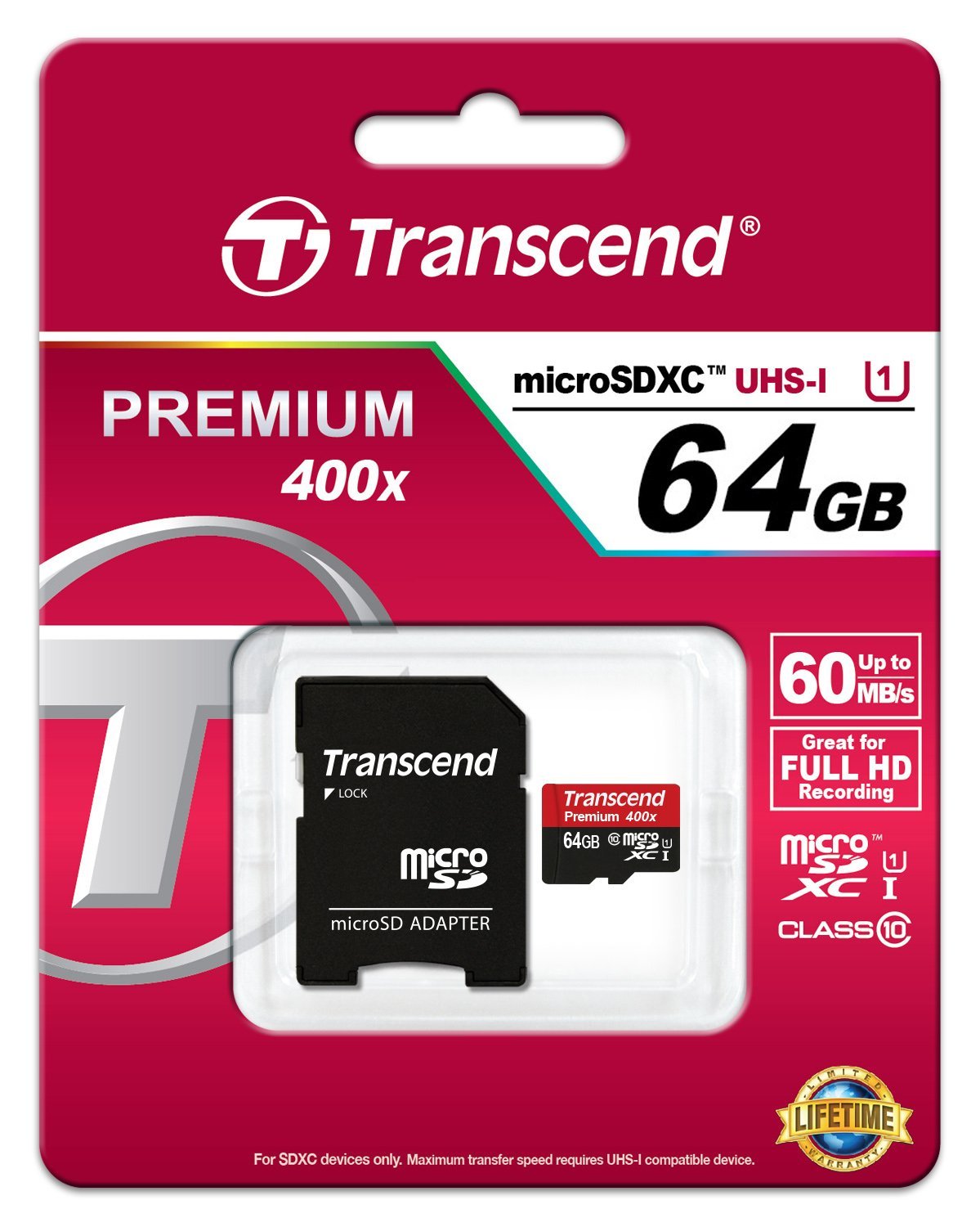 Transcend Micro SDHC UHS-I(U1)Speed Class 10 60MB/S 64GB 400X (พรีเมี่ยม)