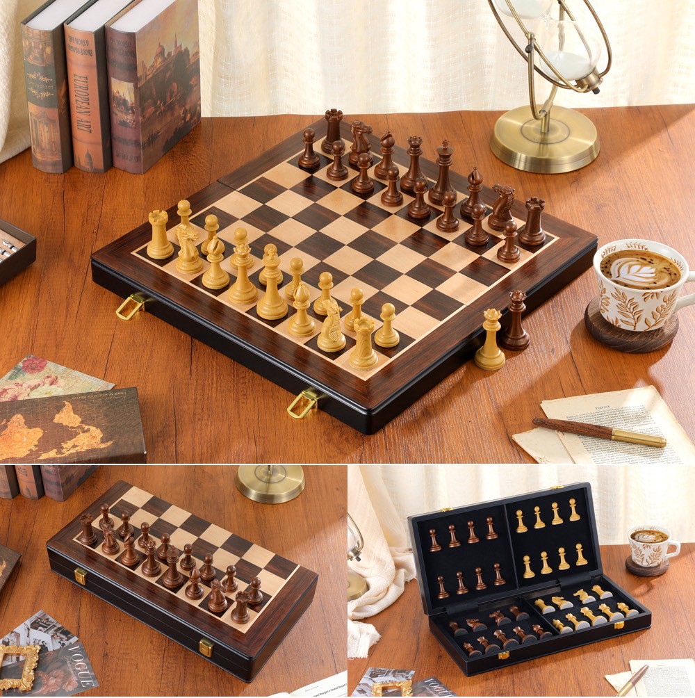 ชุดหมากรุกสากลไม้ebony+maple Gold Knight Wooden Chess Set 7