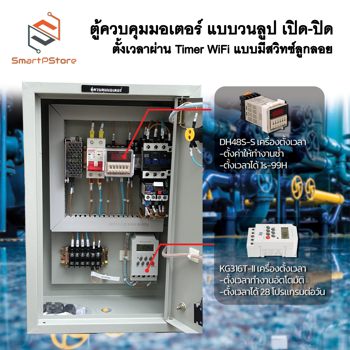 ตู้ควบคุมมอเตอร์ ปั๊มน้ำ แบบวนลูป ตั้งเวลาเปิด-ปิด ผ่าน Timer WiFi แบบมีสวิทซ์ลูกลอย INPUT 220V
