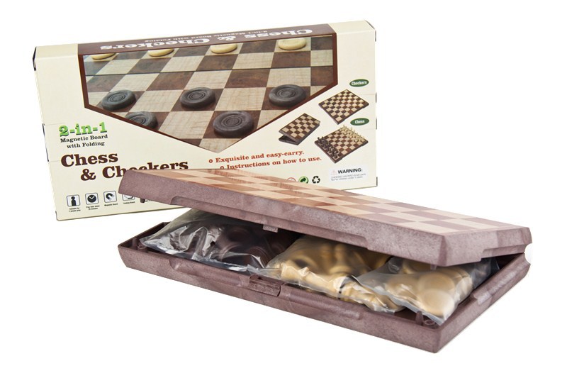 หมากรุกสากลแม่เหล็กพลาสติกลายไม้ 2in1 Magnetic Chess size L #4856-C