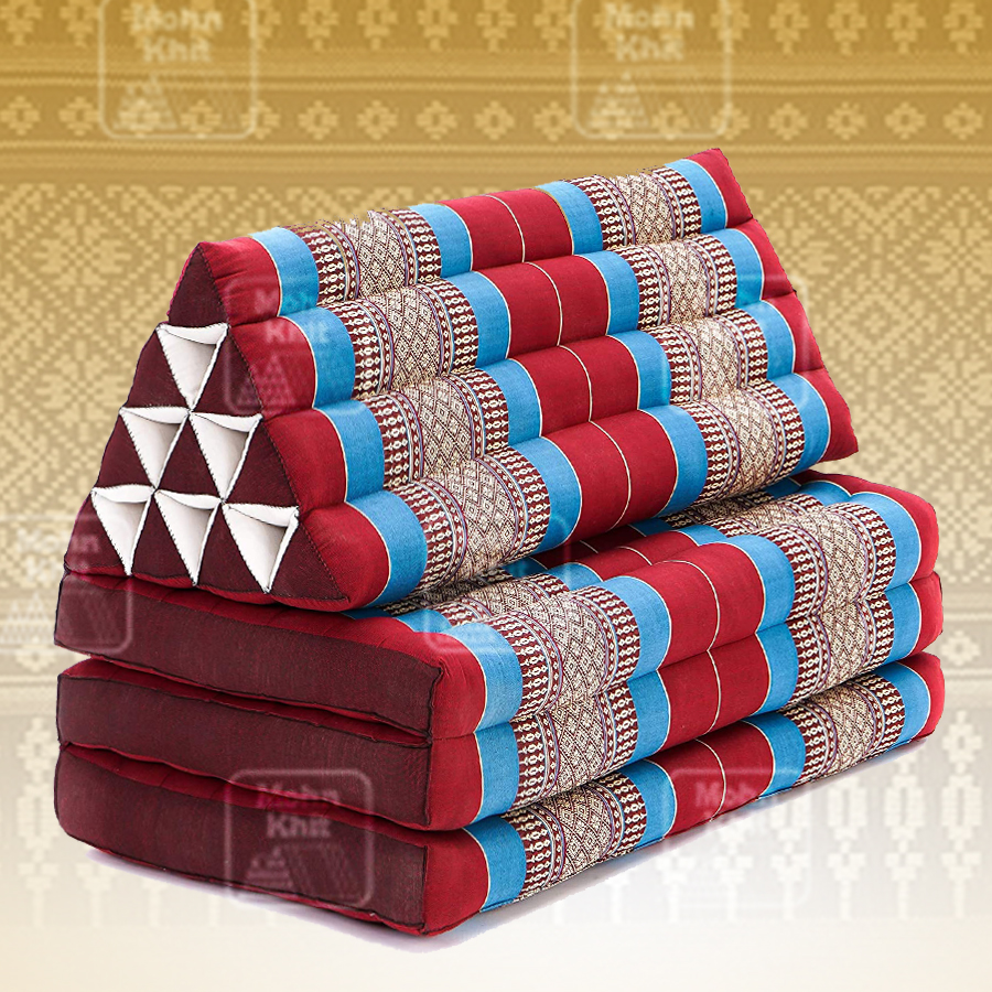 หมอนสามเหลี่ยมใหญ่พิเศษสีฟ้าแดง 10 ช่องติดเบาะ 3 พับ 80x170x38 cm // Large Tri-angle kapok silk 100%Traditional Floor Cushions 10 holes with 3 part of mattress.