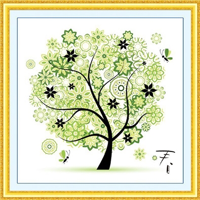 ชุดปักครอสติช ลายต้นไม้ในฤดูใบไม้ผลิ ขนาด 46*46 ซม.ผ้าครอสติช 11CTพิมพ์ลายปักบนผ้า ไหมคอตตอน 11 สี ผังลาย เข็ม