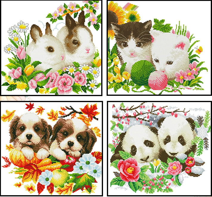 ชุดปักครอสติช ลายเซต 4 ชิ้น กระต่ายคู่ แมวคู่ น้องหมาคู่ แพนด้าคู่ ขนาดภาพละ 40*40 ซม.ผ้าครอสติช 11CTพิมพ์ลายปักบนผ้า ไหมคอตตอน 103 สี ผังลาย เข็ม