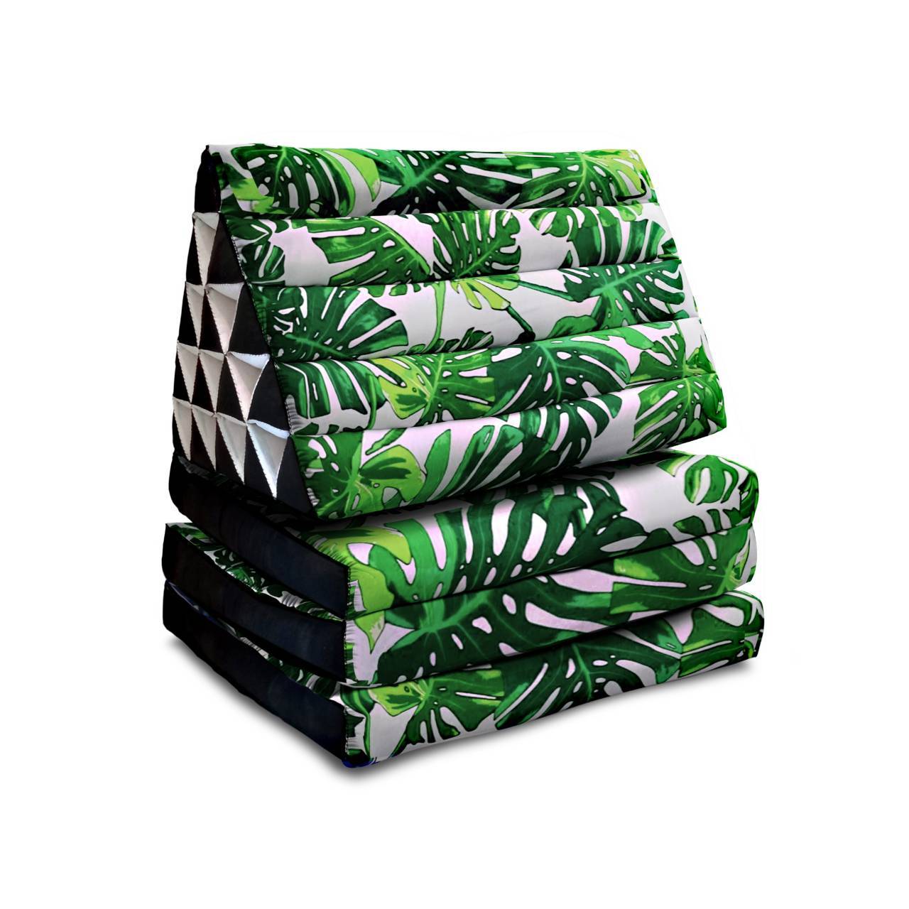 หมอนสามเหลี่ยมลายมอสเตอร่าเขียว 15 ช่องติดเบาะ3 พับ 57cmx180cmx38cm Triangle Cotton kapok 100%Traditional Floor Cushions 15 holes with 3 part of mattress.