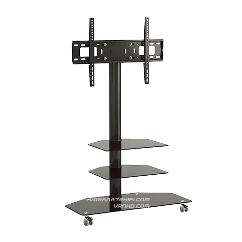 F7350G ขาตั้งทีวี 32"-55" เสาอลูมิเนียม ฐานและ 2x ชั้นวางเครื่องเสียงแบบกระจก Glossy glass, Max VESA 600x400 mm., Weight Capacity 30 Kg.