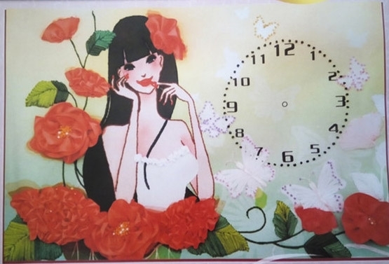 ชุดภาพปักริบบิ้น ลายนาฬิกาสาวสวย ขนาด 55*40 ซม.ผ้าพิมพ์ลายมาแล้ว ริบบิ้น 12 สี ไหมคอตตอน 5 สี ลูกปัดหลากสี