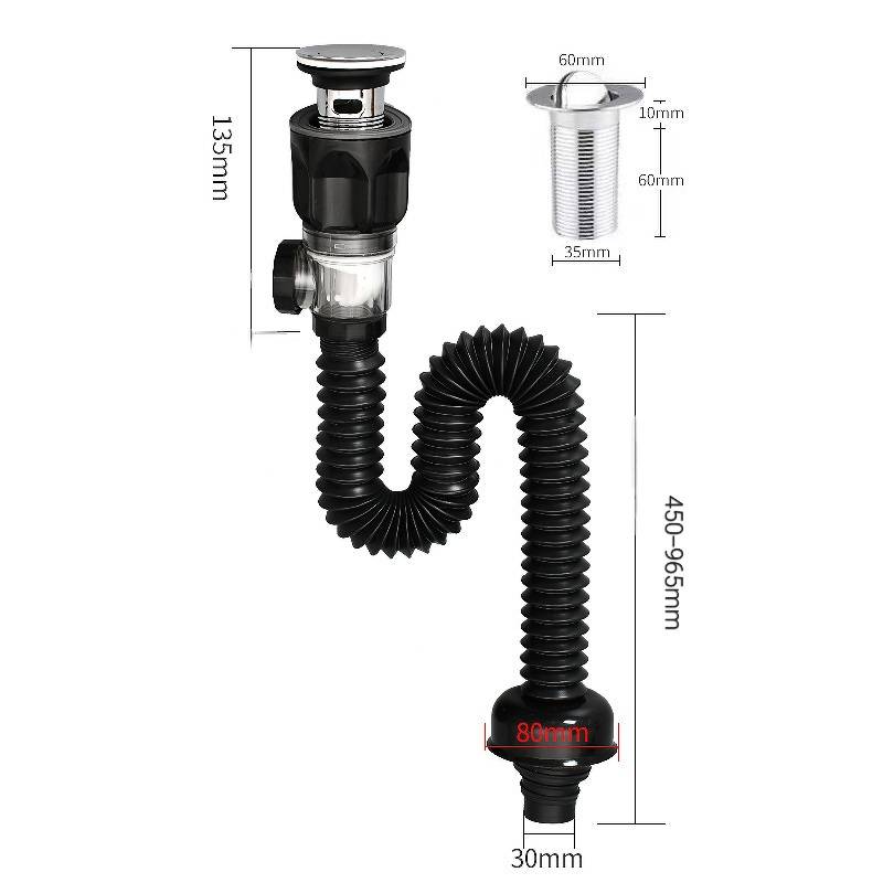 ท่อน้ำทิ้งเอนกประสงค์ ท่อย่นสีดำปรับระดับ ใช้ได้ทั้งอ่างซิงค์และอ่างล้างหน้า กันกลิ่น กันแมลง #14901