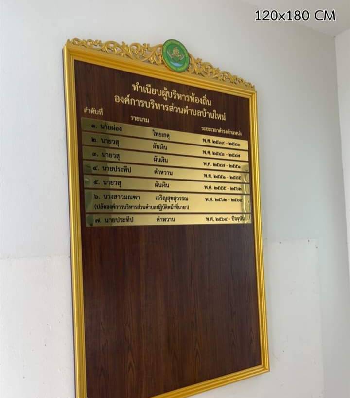 ป้ายทำเนียบบุคลากร ขนาด 120x180cm วัสดุหน้าไม้สัก ติดกรอบใส่รูปอะคริลิคใส ตกแต่งกระจังลายไทยด้านบน