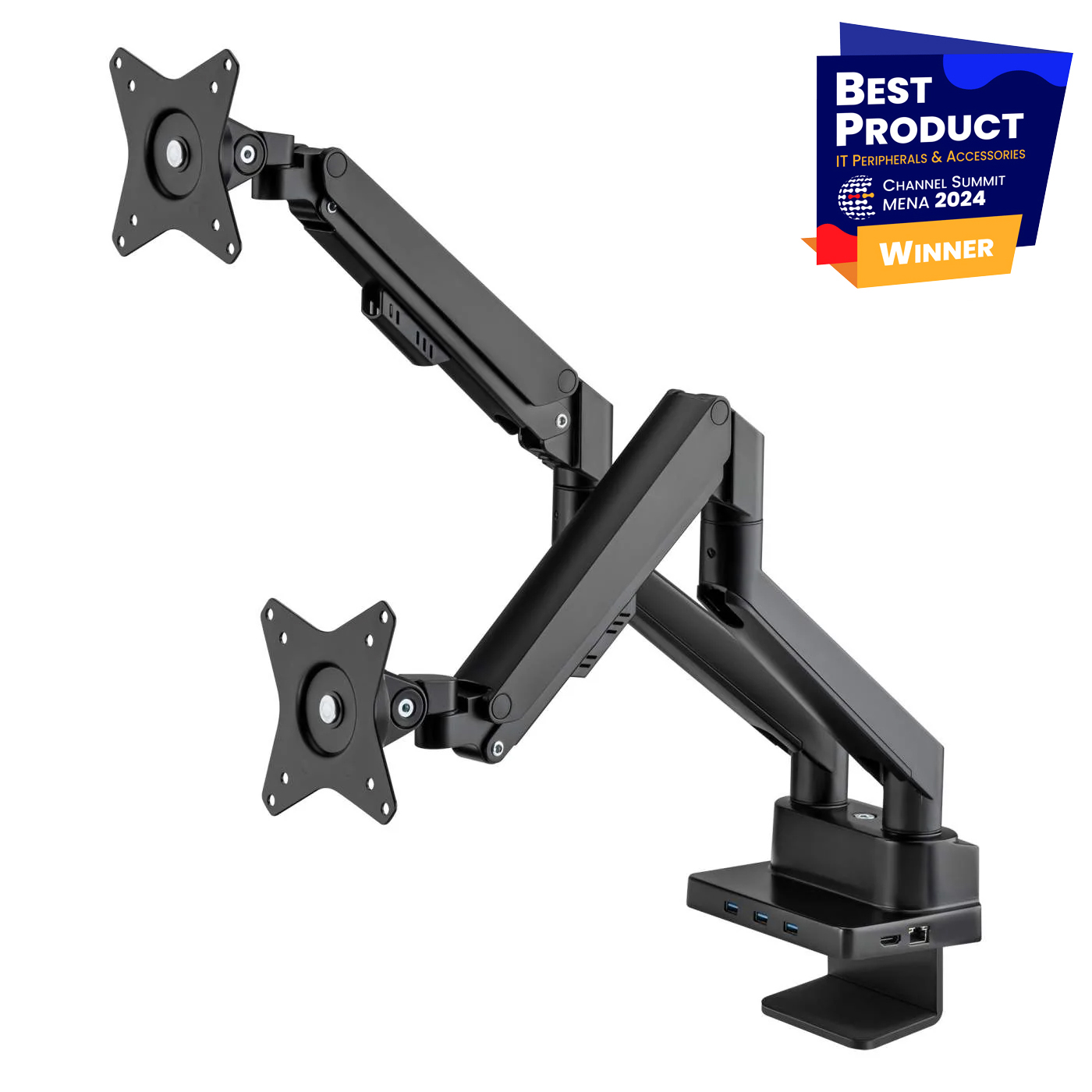 MHT-461887 ขาจอคอมพิวเตอร์ 17"-32" ตั้งโต๊ะ 2 จอ, Aluminium "Gas Spring" พร้อม 8-in-1 Docking Station, VESA 75x75 / 100x100mm., Weight Capacity 2-9 Kg.
