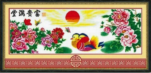 ชุดปักครอสติช ลายเป็ดแมนดารินคู่ในสวนโบตั๋น ขนาด 116*48 ซม.ผ้าครอสติช 11CTพิมพ์ลายปักบนผ้า ไหมคอตตอน 46 สี ผังลาย เข็ม