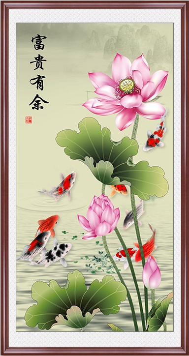 Nine fish & Lotus (3D)(พิมพ์ลาย)