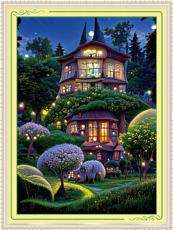 ชุดปักครอสติช ลายบ้านสวยในสวนดอกไม้ (งานปักเต็มลาย ไม่มีเดินเส้น ปักครั้งละ 3 เส้นเล็ก) ขนาด 52*72 ซม.ผ้าครอสติช 11CTพิมพ์ลายปักบนผ้า ไหมคอตตอน 32 สี ผังลาย เข็ม