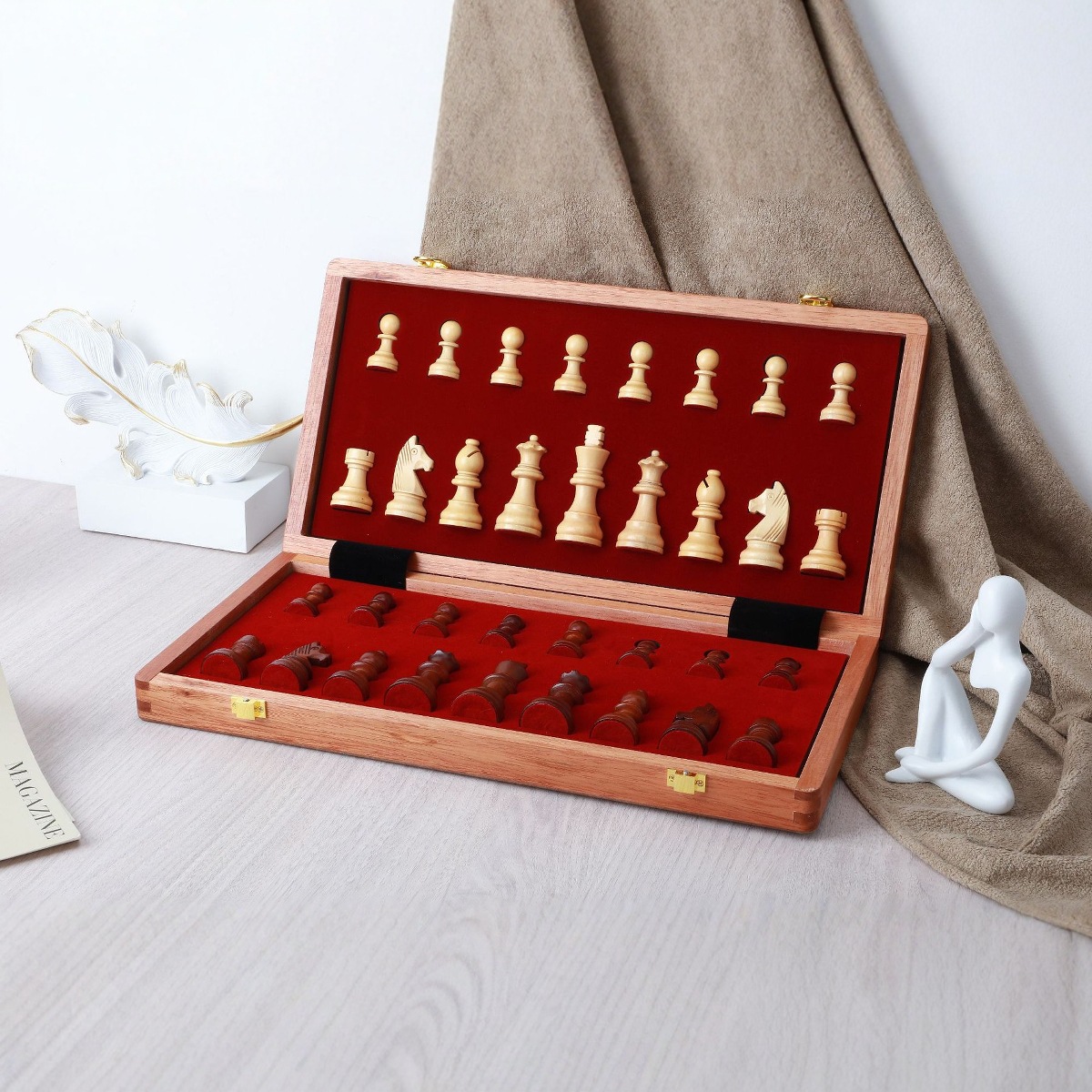 ชุดหมากรุกสากลไม้rosewood+maple Gold Knight Wooden Chess Set 71