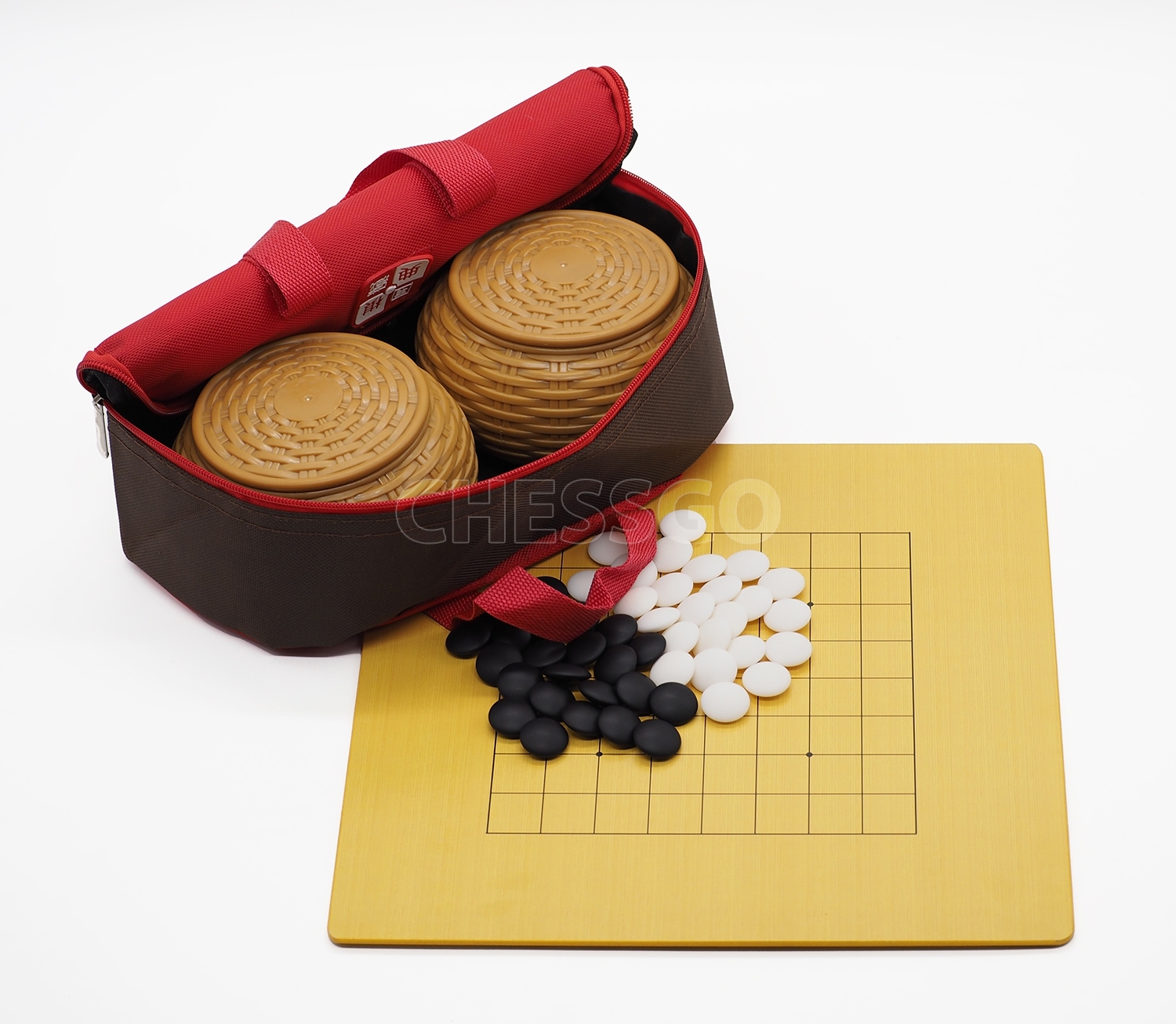 ชุดหมากล้อมพกพา (กระดานไม้บาง5mm-9/13เส้น+เม็ดเมลามีน+โถลายหวาย+กระเป๋า)