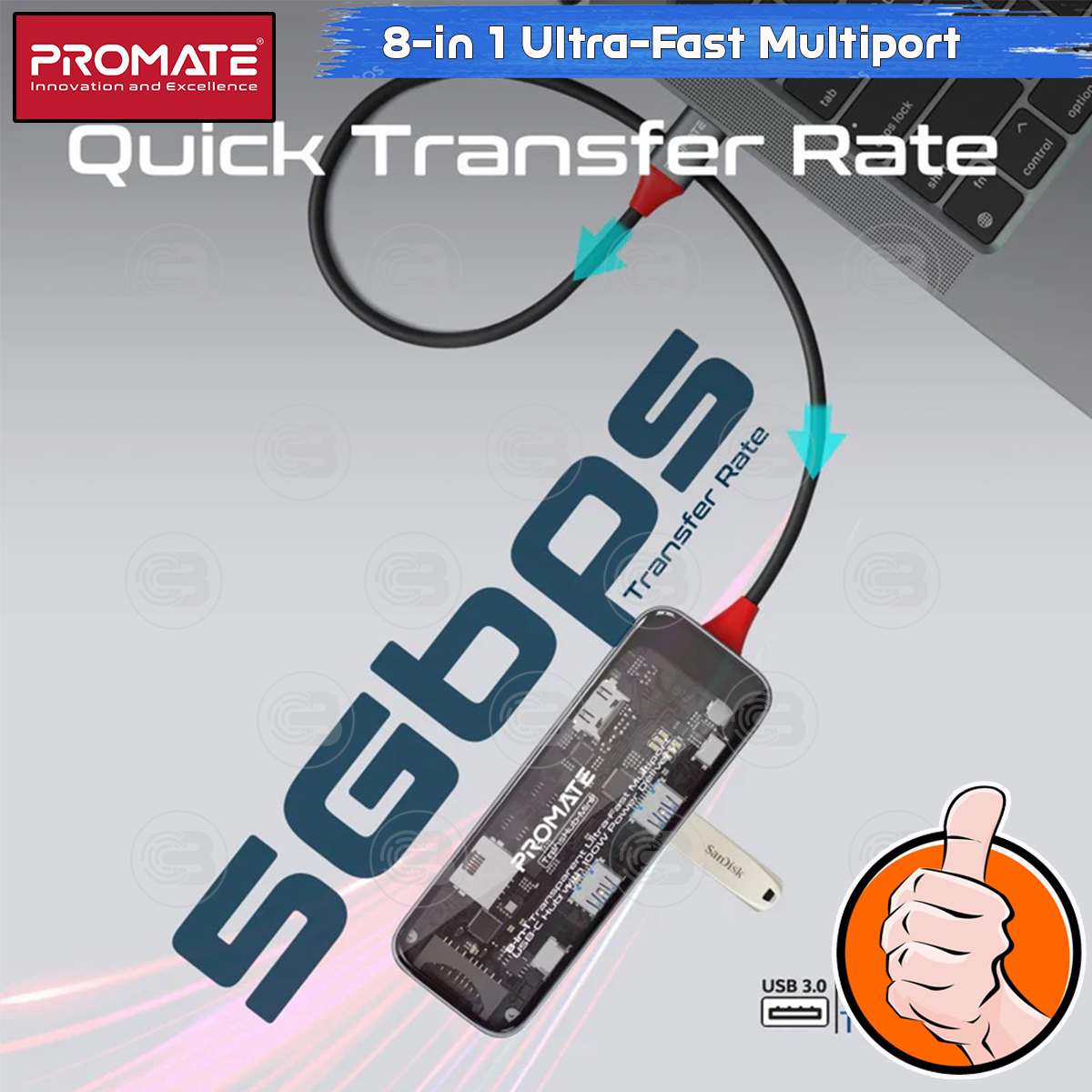[CoolBlasterThai] PROMATE 8-in 1 Ultra-Fast Multiport USB-C Hub with 100W Power Delivery (TransHub-Mini) (2Y Warranty)
