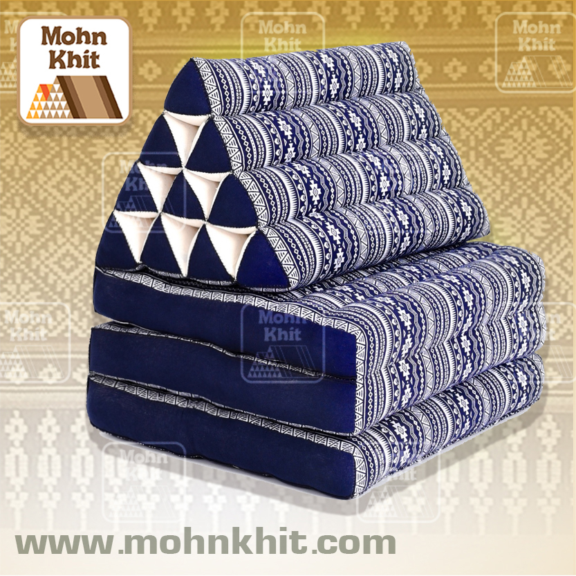 หมอนสามเหลี่ยมลายชนเผ่าสีกรม 10 ช่องติดเบาะ 3พับ 52x165x30cm// Tri-angle kapok100% tribal pattern Traditional Floor Cushions 10 holes with3 part of mattress.