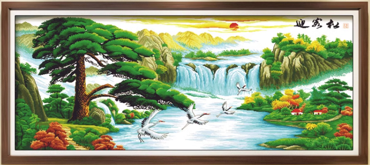 ชุดปักครอสติช ลายน้ำตกกลางป่าใหญ่ (ปักครั้งละ 3 เส้นเล็ก) ขนาดใหญ่ 164*83 ซม.ผ้าครอสติช 11CTพิมพ์ลายปักบนผ้า ไหมคอตตอน 68 สี ผังลาย เข็ม
