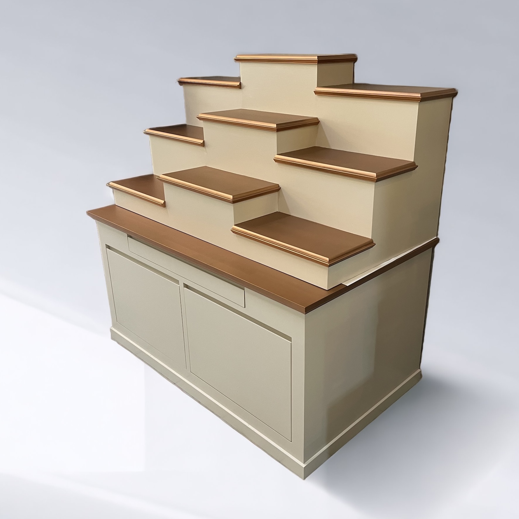 ตู้พระแบบสูง 9x8 โมเดิร์น ขั้นบันได 9 ขั้น สีครีมท็อปพิงค์โกลด์