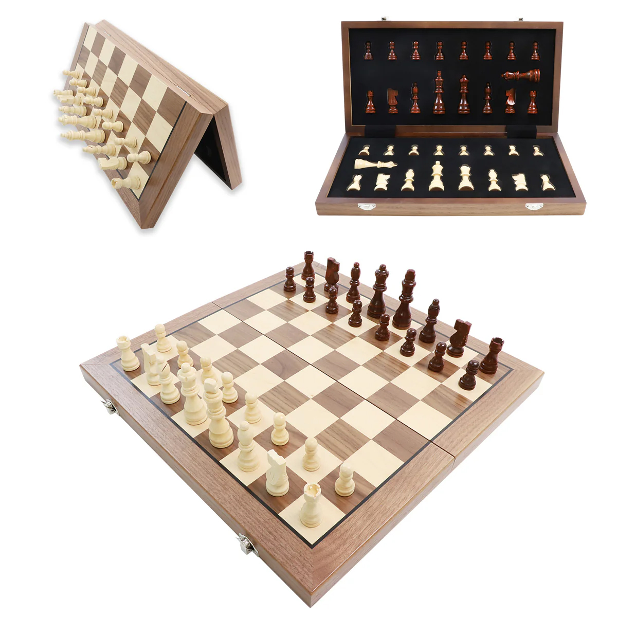 ชุดหมากรุกสากลไม้walnut+maple (แม่เหล็ก) Gold Knight Wooden Chess Set 5