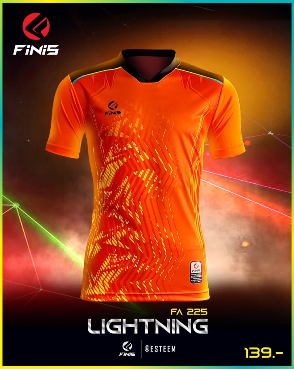 FiNiS FA-225 เสื้อกีฬาพิมพ์ลาย เสื้อกีฬา คอวีเหลี่ยม รุ่น LIGHTNING สีส้ม OO