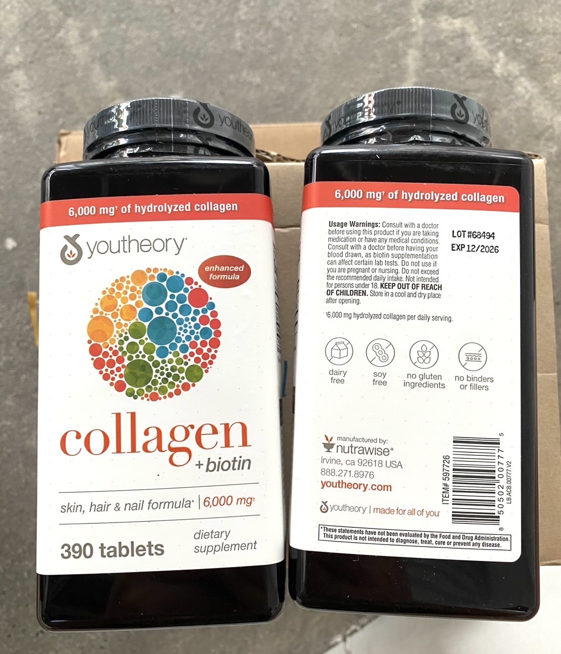 (1กระปุก) Youtheory Collagen Skin, Hair & Nail Formula 6000mg. ปริมาณ 390 เม็ด คอลลาเจน นำเข้าจากอเมริกา