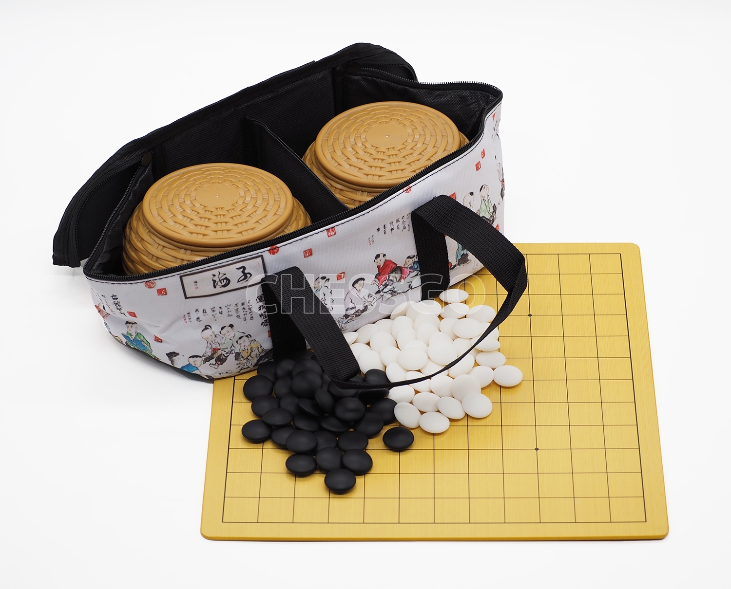 ชุดหมากล้อมพกพา (กระดานไม้บาง5mm-9/13เส้น+เม็ดเมลามีน+โถลายหวาย+กระเป๋า)