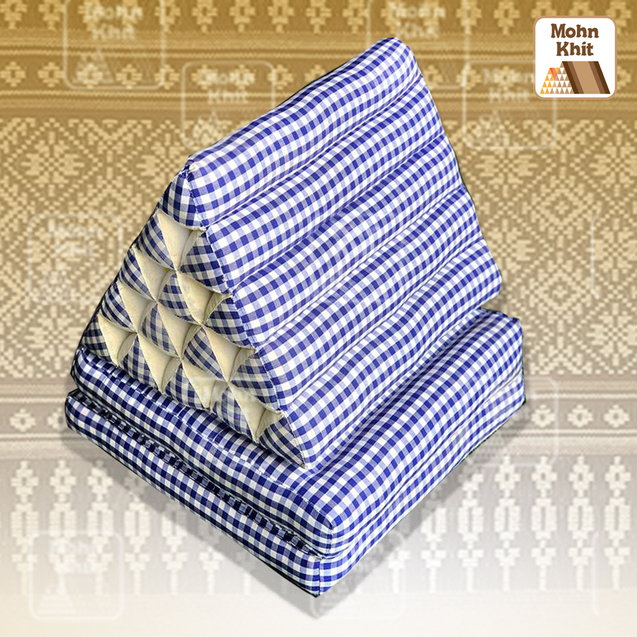 หมอนสามเหลี่ยมผ้าขาวม้า 15 ช่องติดเบาะ3 พับ 57cmx180cmx36cm Tri-angle Cotton kapok 100%Traditional Floor Cushions 15 holes with 1part of mattress.