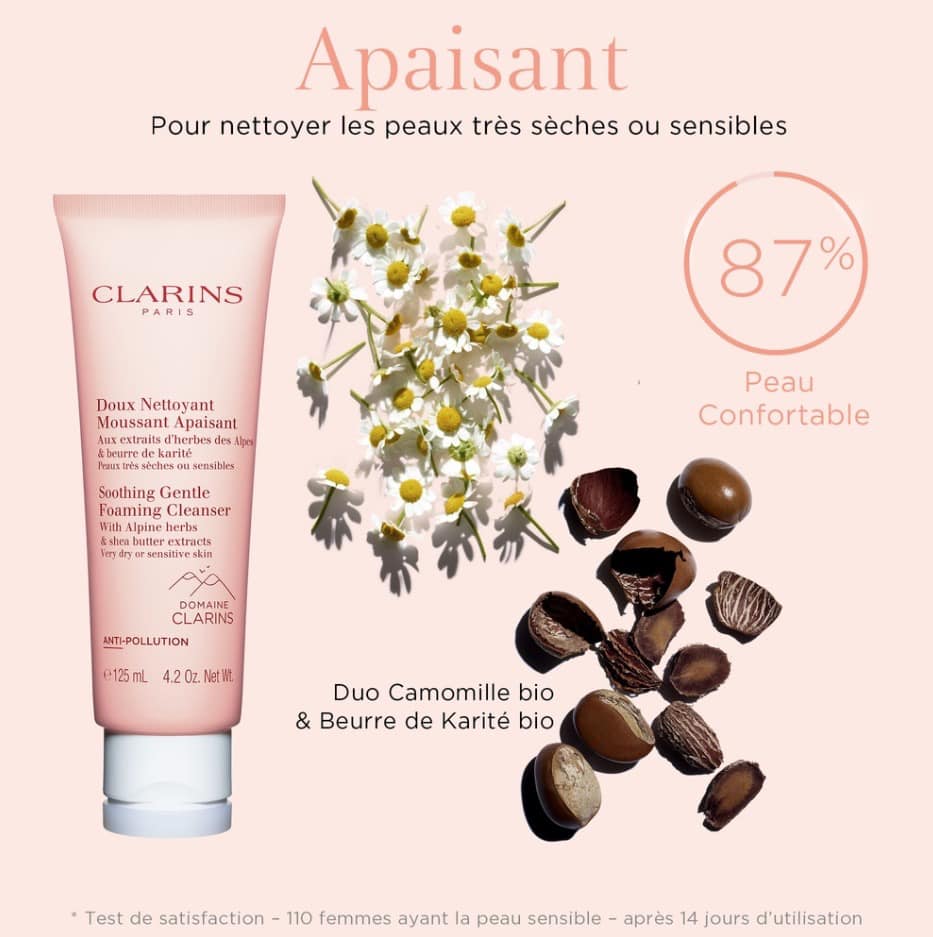 Clarins soothing gentle foaming cleanser 125ml. โฟมสูตรสำหรับผู้ที่มีผิวแห้งถึงผิวแพ้ง่าย (1หลอด)