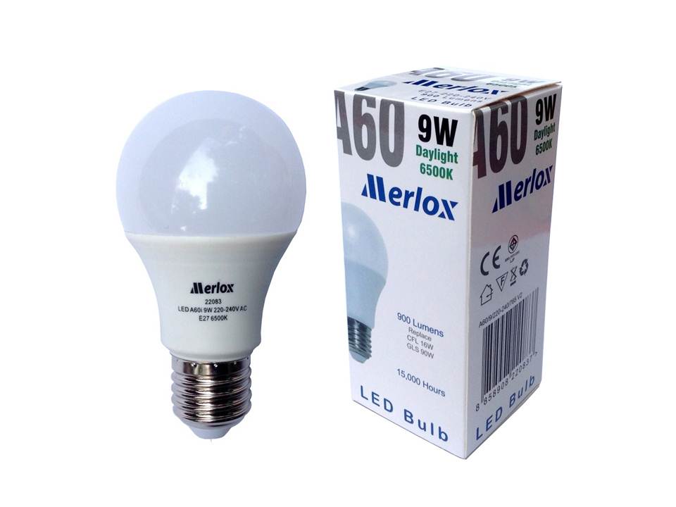 หลอดไฟ LED A60 220-240V 9W 900LM 6500K E27 MERLOX