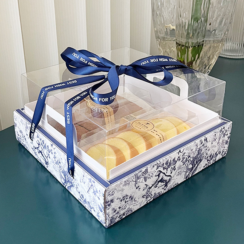 กล่องใส่ขนมลายไทยวิจิตร Luxury navy blue ฝาใส (แพค 5 ใบ)