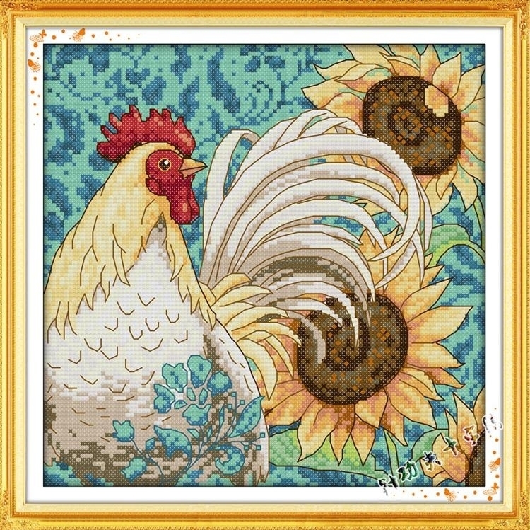 ชุดปักครอสติช ลายไก่กับทานตะวัน (งานปักเต็มลาย) ขนาด 35*35 ซม.ผ้าครอสติช 11CTพิมพ์ลายปักบนผ้า+ไหมคอตตอน 21 สี+ผังลาย+เข็ม