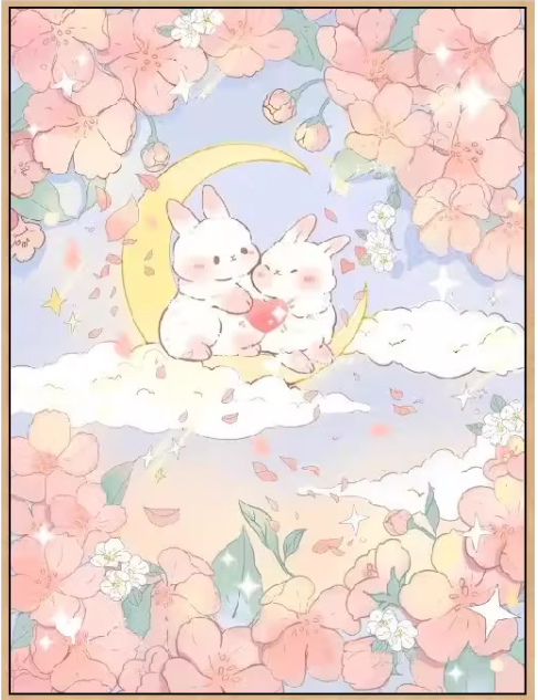 ชุดปักครอสติช ลายกระต่ายคู่บนดวงจันทร์ (งานปักเต็มลาย ไม่มีเดินเส้น ปักครั้งละ 3 เส้นเล็ก) ขนาด 50*63 ซม.ผ้าครอสติช 11CTพิมพ์ลายปักบนผ้า ไหมคอตตอน 20 สี ผังลาย เข็ม