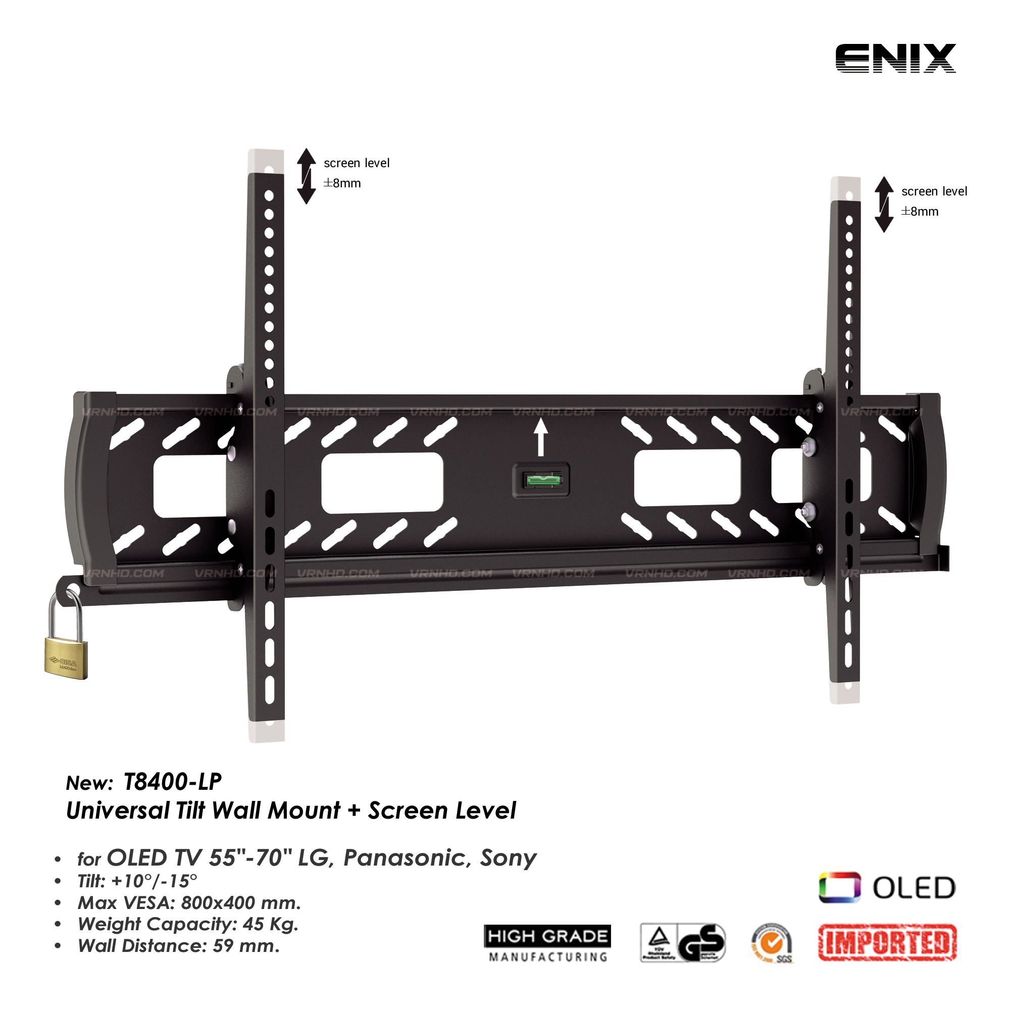 New! ENIX T8400-LP ขาแขวนทีวีขนาด 55"-70" แบบกันขโมย, ปรับก้มเงยได้+Screen Level สำหรับจอ OLED TV LG, Panasonic, Sony, Max VESA 800x400mm., Weight Capacity 45 Kg. (ไม่รวมกุญแจ)