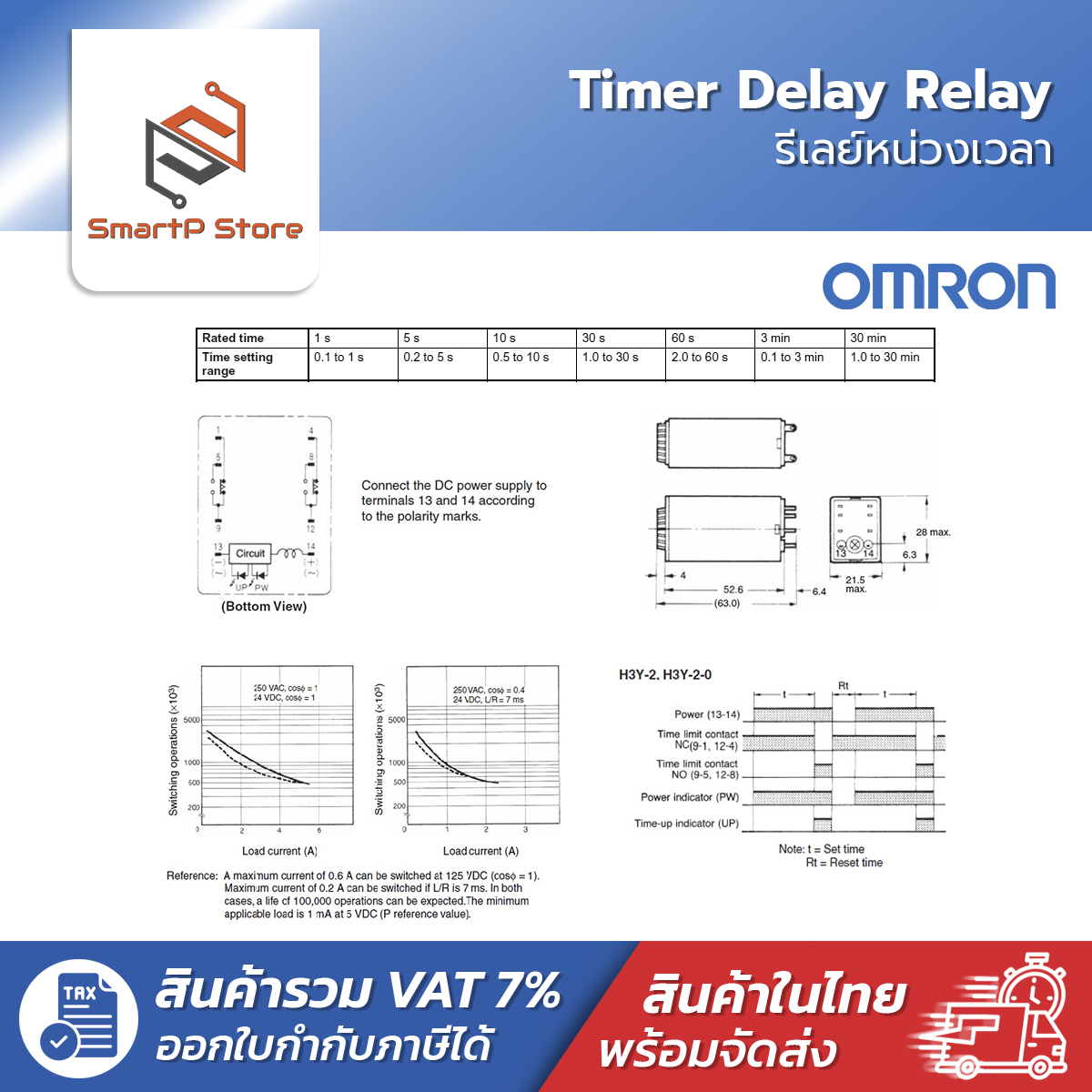 OMRON H3Y-2 Timer Delay Relay รีเลย์หน่วงเวลา 220V 12V 24V 0-30S