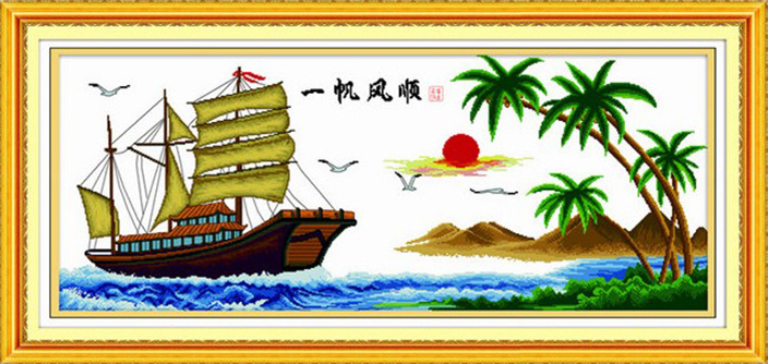 ชุดปักครอสติช ลายล่องเรือสำเภา ขนาด 123*54 ซม.ผ้าครอสติช 11CTพิมพ์ลายปักบนผ้า ไหมคอตตอน 37 สี ผังลาย เข็ม