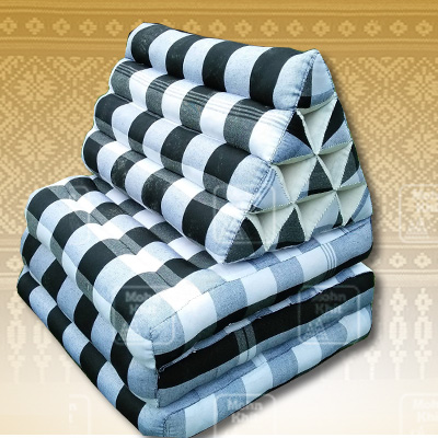 หมอนสามเหลี่ยมผ้าขาวม้าไทย 10 ช่องติดเบาะ3 พับ 50cmx170cmx30cm Thai Tri-angle Cotton kapok 100%Traditional Floor Cushions 15 holes with 3 part of mattress.
