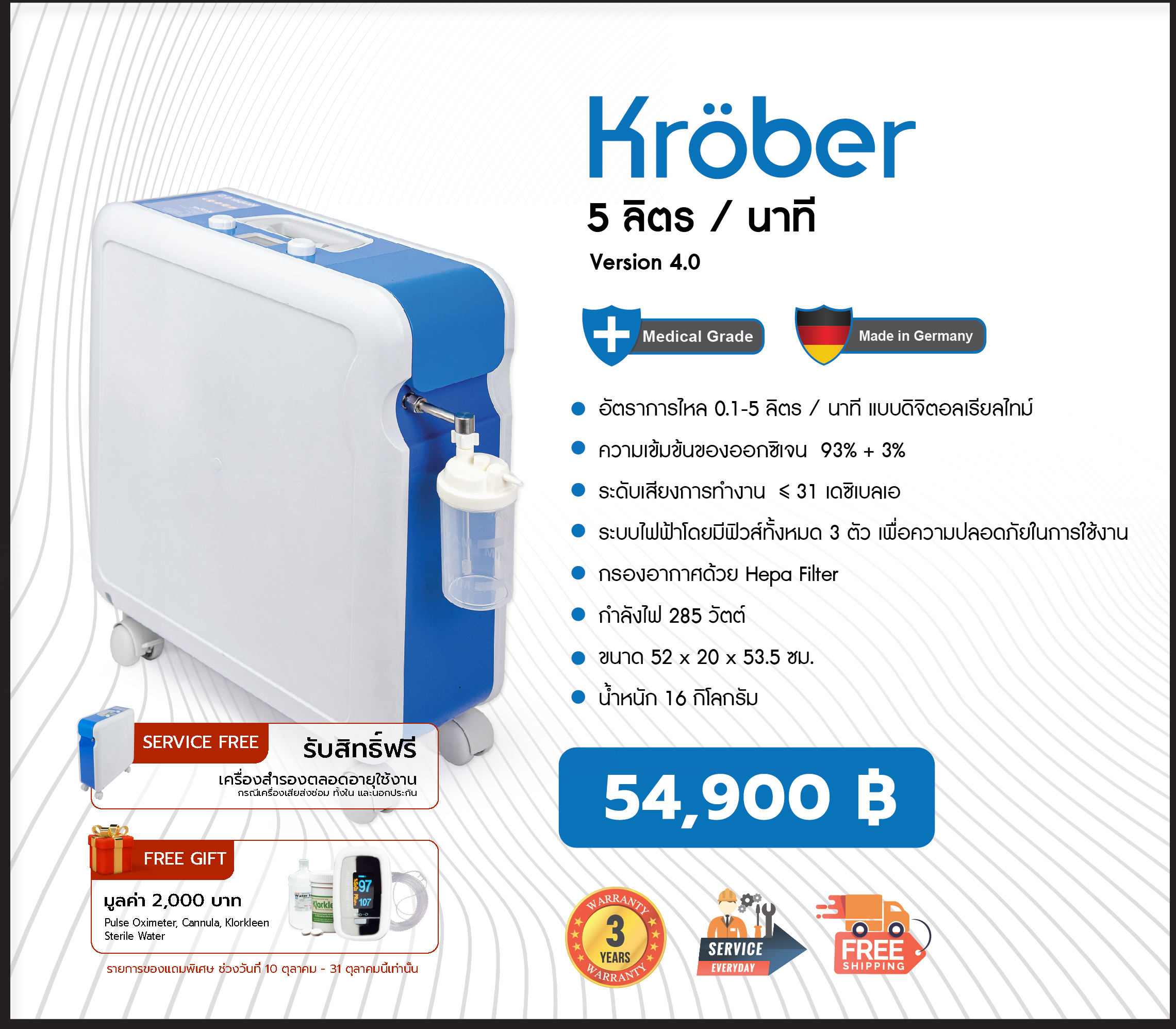 เครื่องผลิตออกซิเจน 5 ลิตร (เสียงเงียบ >31dBA) Kroeber รุ่น 4.0 (Premium) ประกันศูนย์ไทย 3 ปี