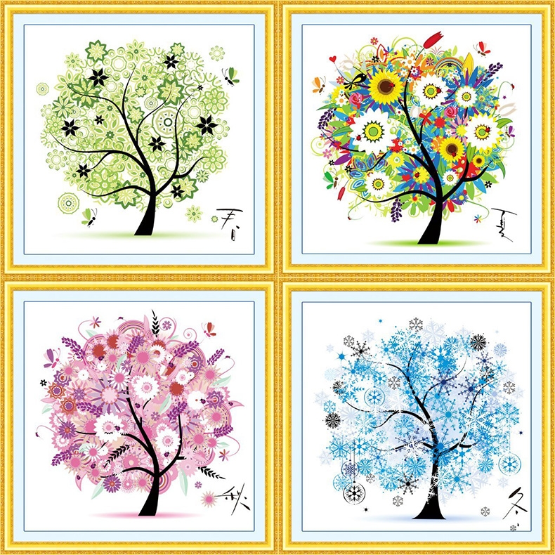 ชุดปักครอสติช ลายเซต 4 ชิ้น ต้นไม้ 4 ฤดู ขนาดภาพละ 46*46 ซม.ผ้าครอสติช 11CTพิมพ์ลายปักบนผ้า ไหมคอตตอน 64 สี ผังลาย เข็ม