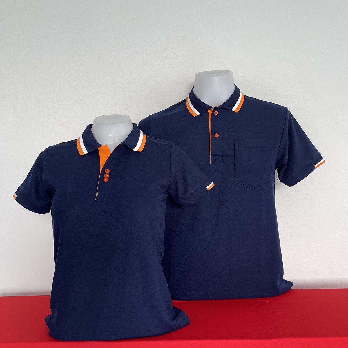 MP POLO เสื้อโปโล เสื้อคอปก สีกรมท่าขลิบส้มขาว MicrlPlus ทรงชาย-หญิง