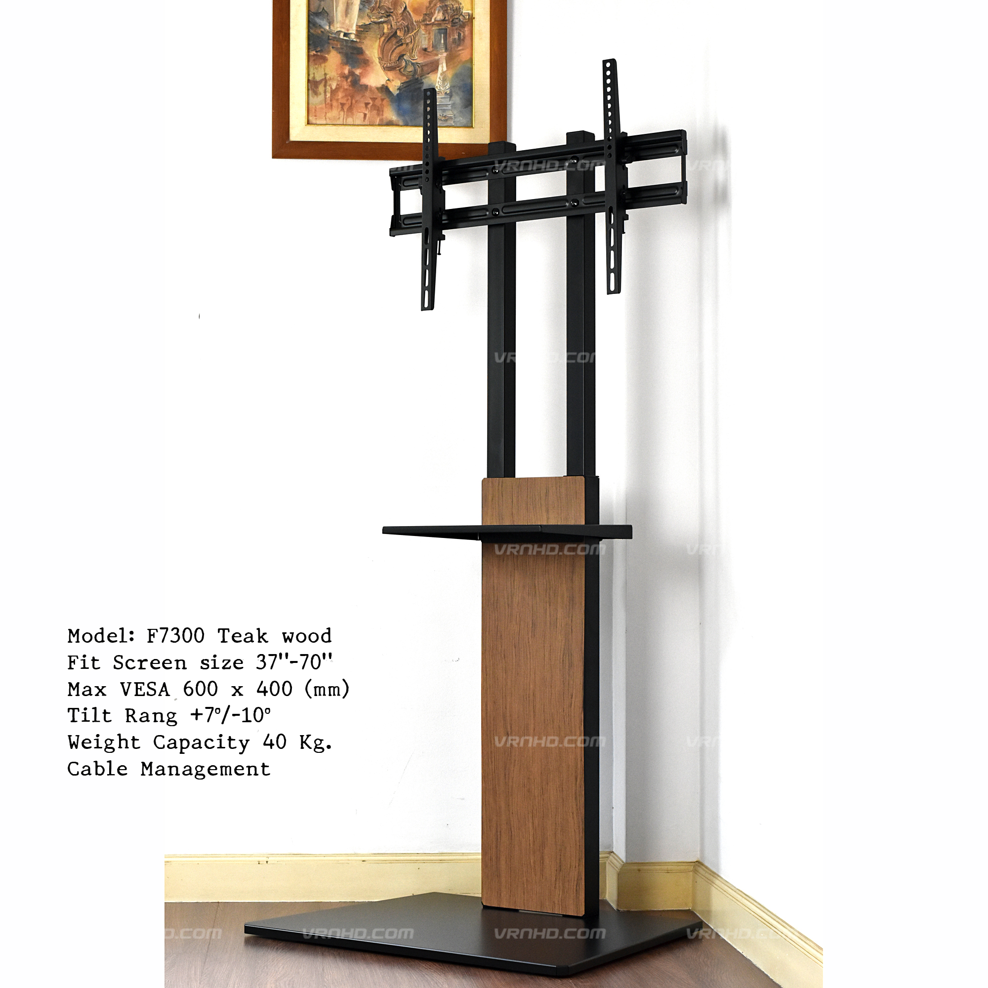 F7300-Wrap Teak Wood ขาตั้งทีวี 37"-70" Pure Flat Design TV Stand, Max VESA 600x400mm., weight capacity 40 kg with Equipment shelf = ไม่มีล้อ =
